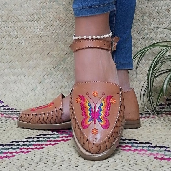 MEXICANA Shoes - MEXICAN HUARACHES LEATHER BUTTERFLY EMBROIDERED ANKLE STRAP SIZE 8